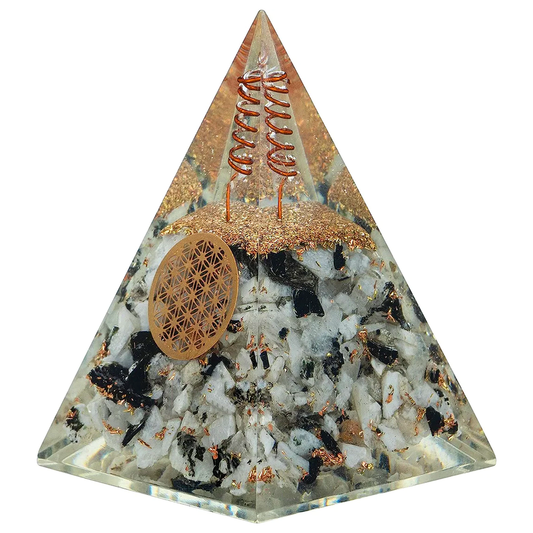 Moonstone Nubian Orgonite Pyramid With Clear Quartz Crystal And Copper Coil