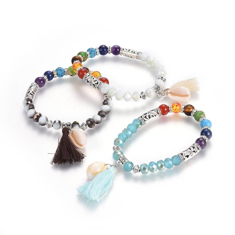 Cowrie Shell Glass Bead & Chakra Glass Stretch Bracelets