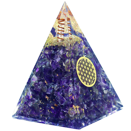 Amethyst Nubian Orgonite Pyramid With Clear Quartz Crystal And Copper Coil