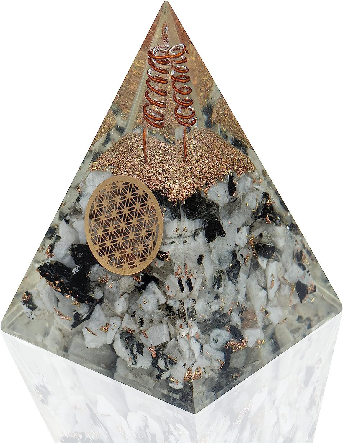 Moonstone Nubian Orgonite Pyramid With Clear Quartz Crystal And Copper Coil