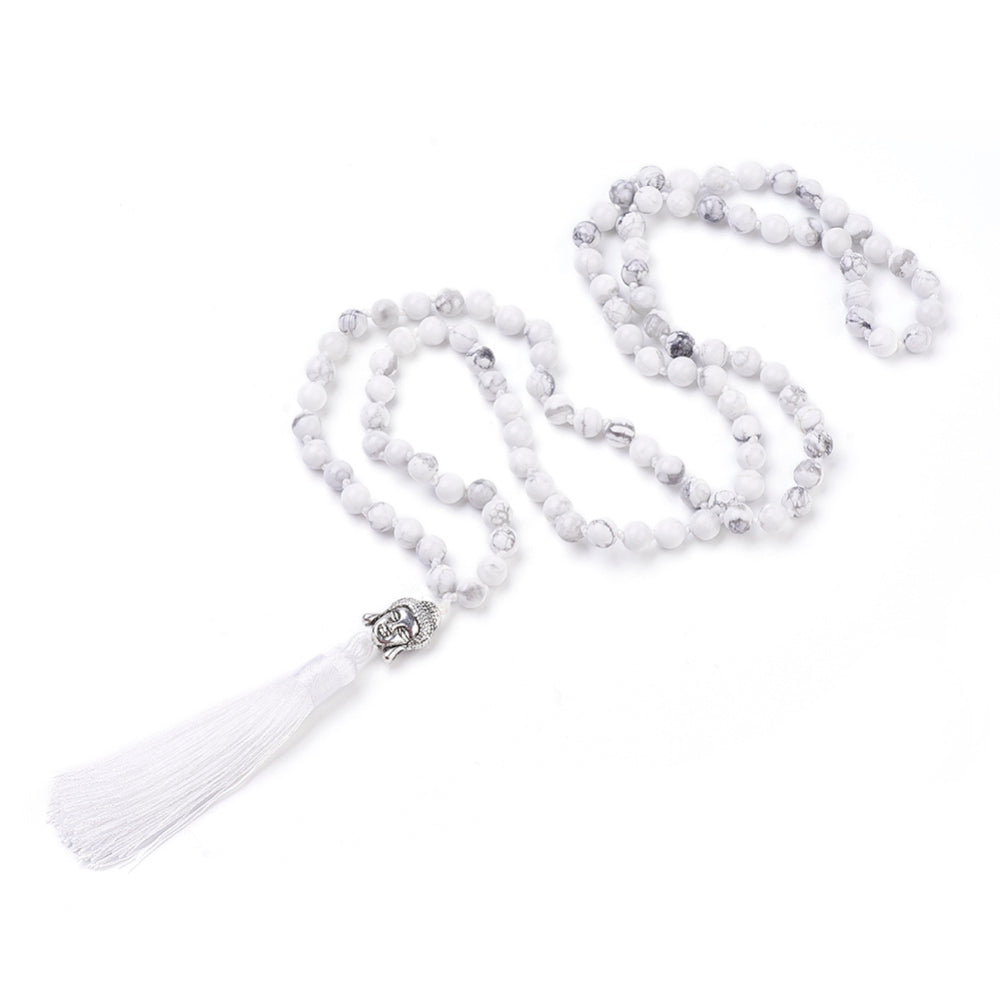 White Howlite Japa Mala with Buddha Head and Tassel