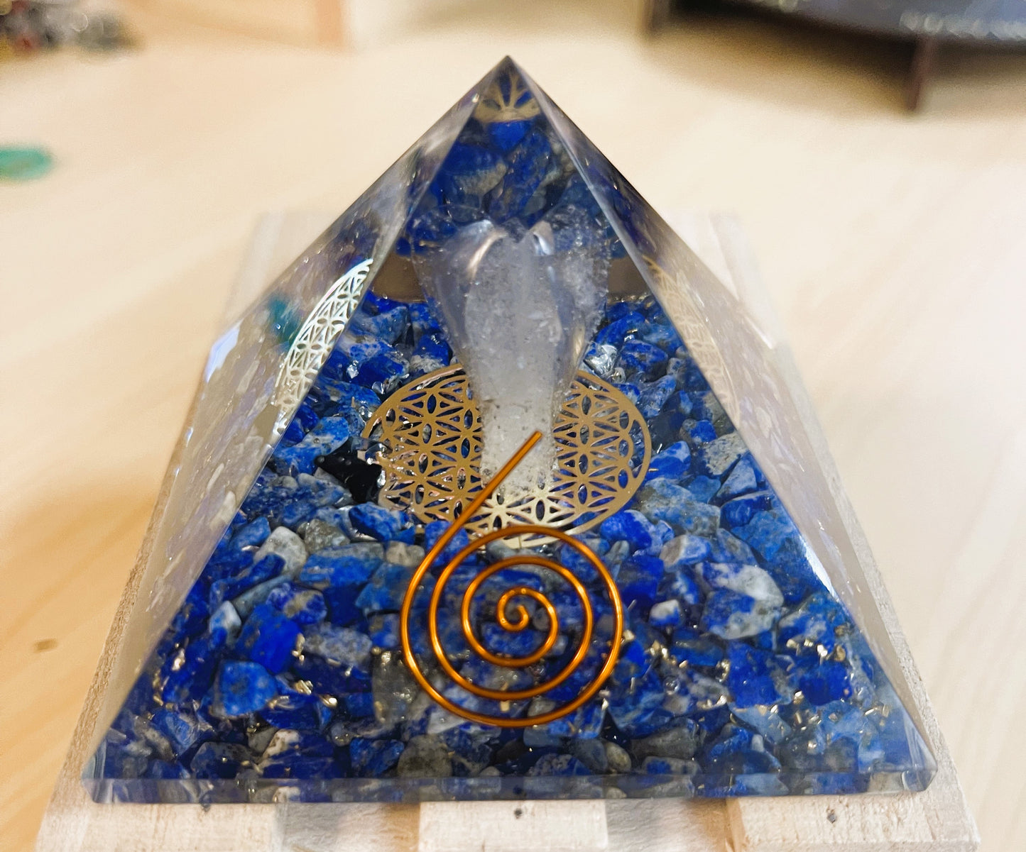 Lapis Orgonite Pyramid With Clear Quartz Crystal And Copper Coil