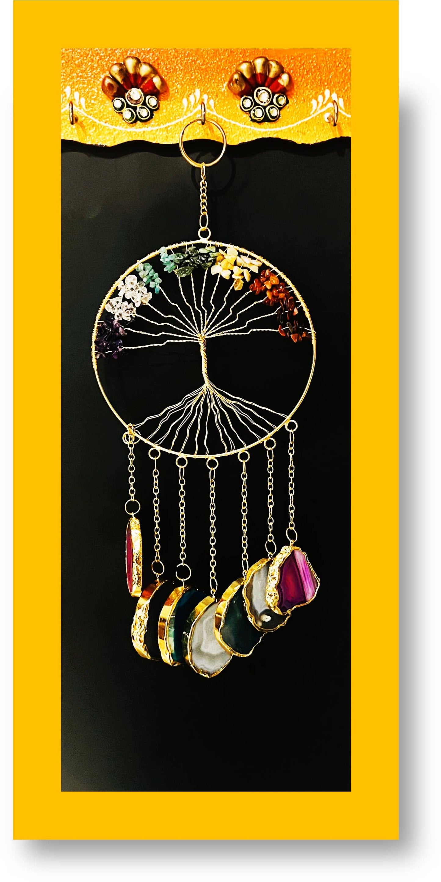 Chakra Tree of Life Agate Slices Golden Hanging