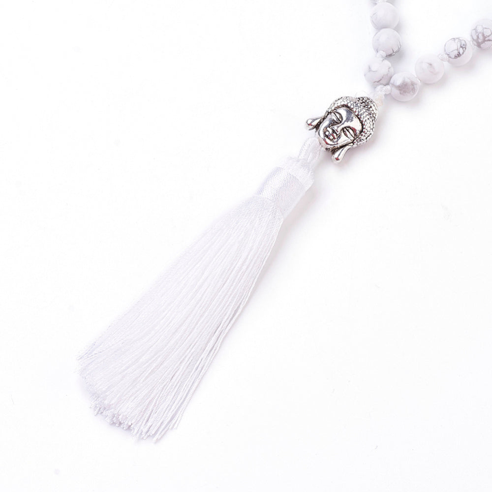 White Howlite Japa Mala with Buddha Head and Tassel