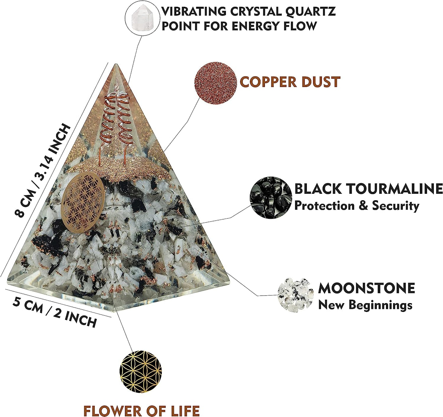 Moonstone Nubian Orgonite Pyramid With Clear Quartz Crystal And Copper Coil