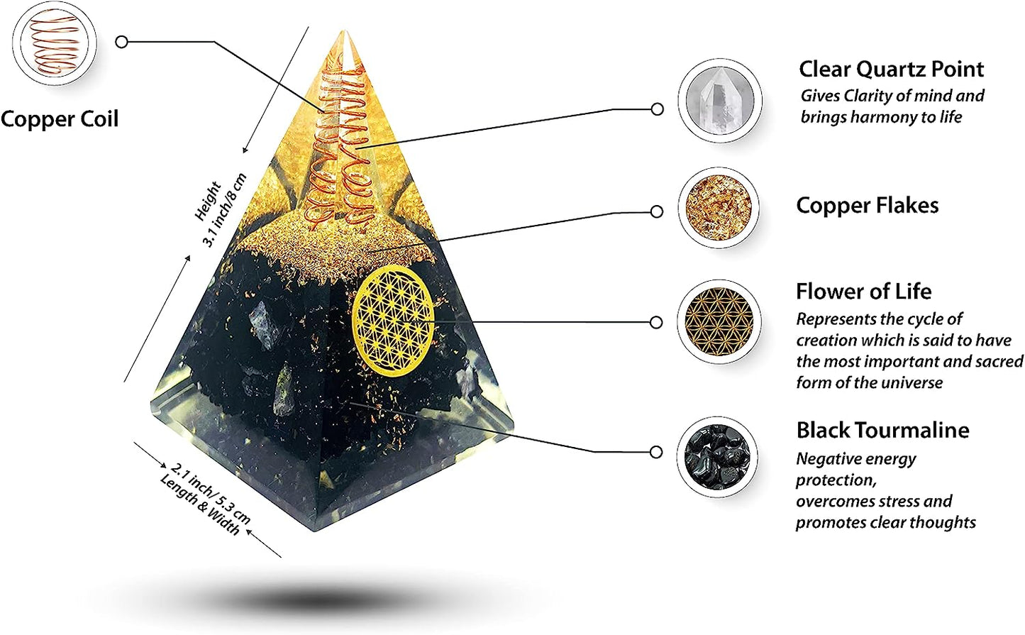 Black Tourmaline Nubian Orgonite Pyramid With Clear Quartz Crystal And Copper Coil