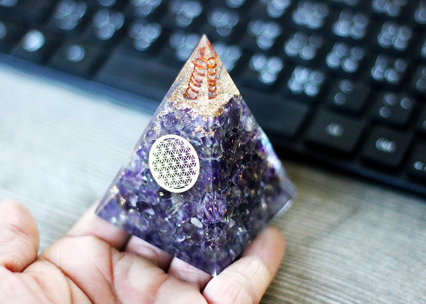 Amethyst Nubian Orgonite Pyramid With Clear Quartz Crystal And Copper Coil