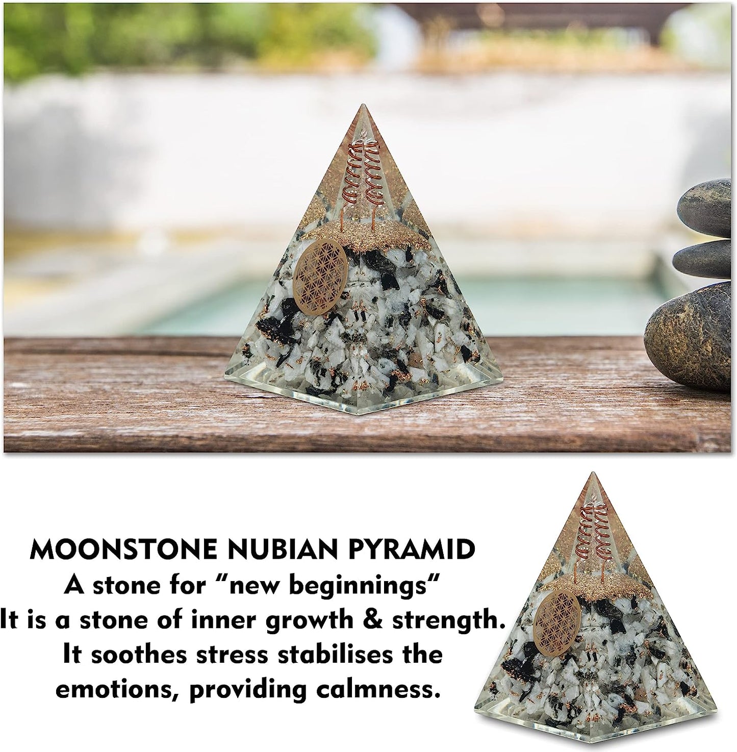 Moonstone Nubian Orgonite Pyramid With Clear Quartz Crystal And Copper Coil