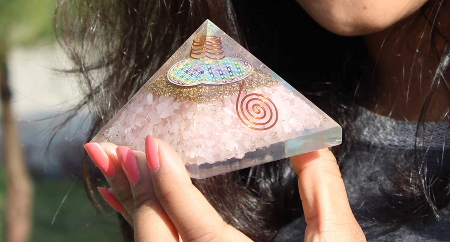Rose Quartz Orgonite Pyramid With Clear Quartz Crystal And Copper Coil