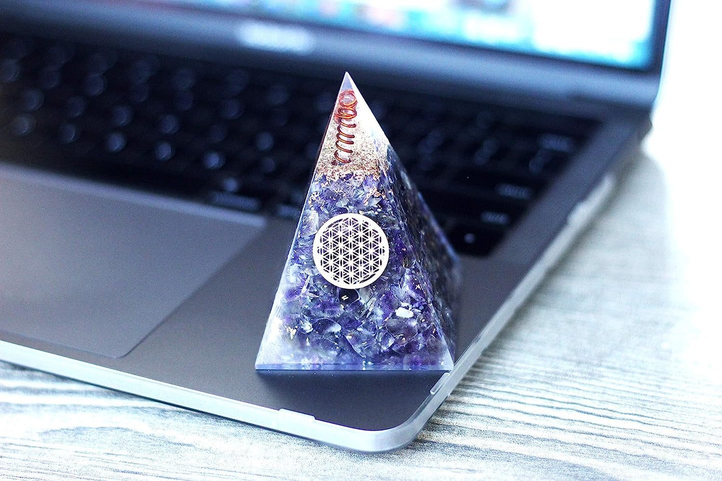 Amethyst Nubian Orgonite Pyramid With Clear Quartz Crystal And Copper Coil