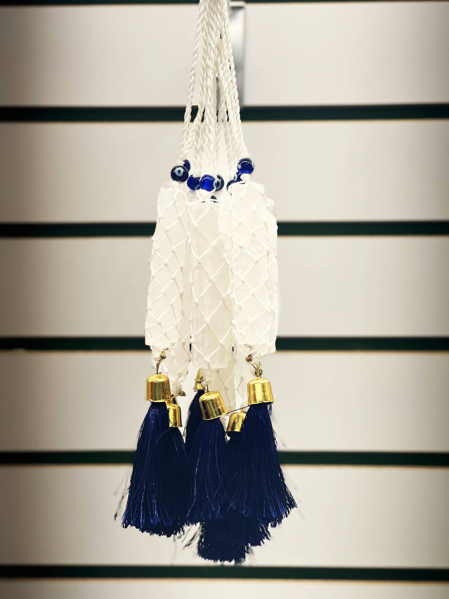 Selenite White Thread Evil Eye Sun Catcher Blue Tassel