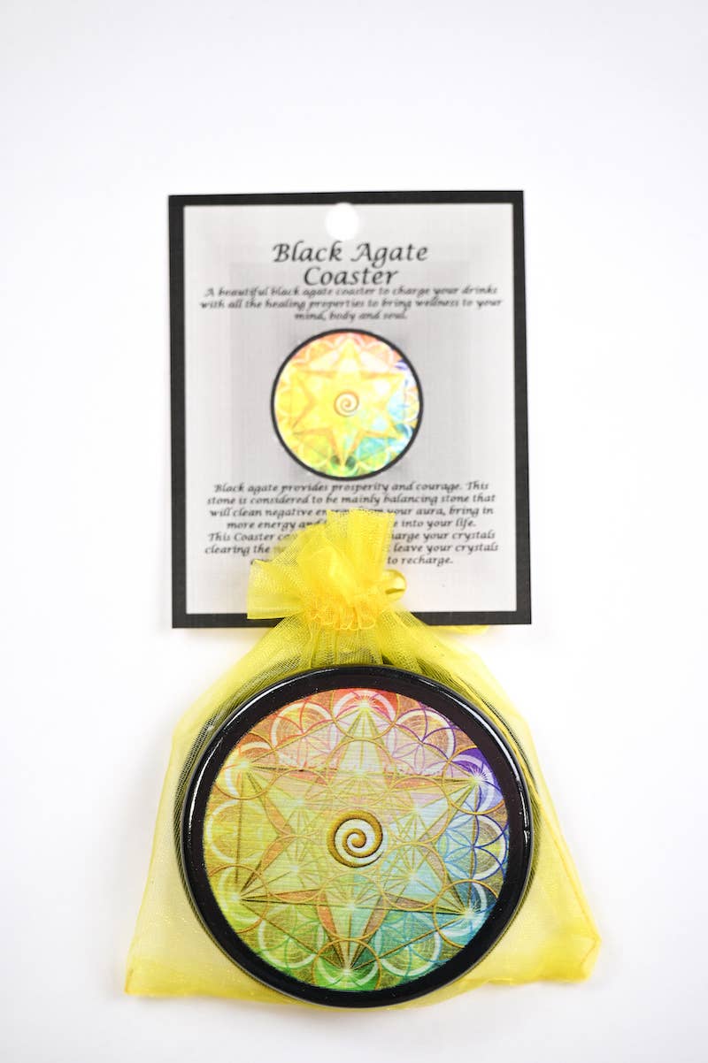 Flower of Life with Metatron - Black Agate Coaster
