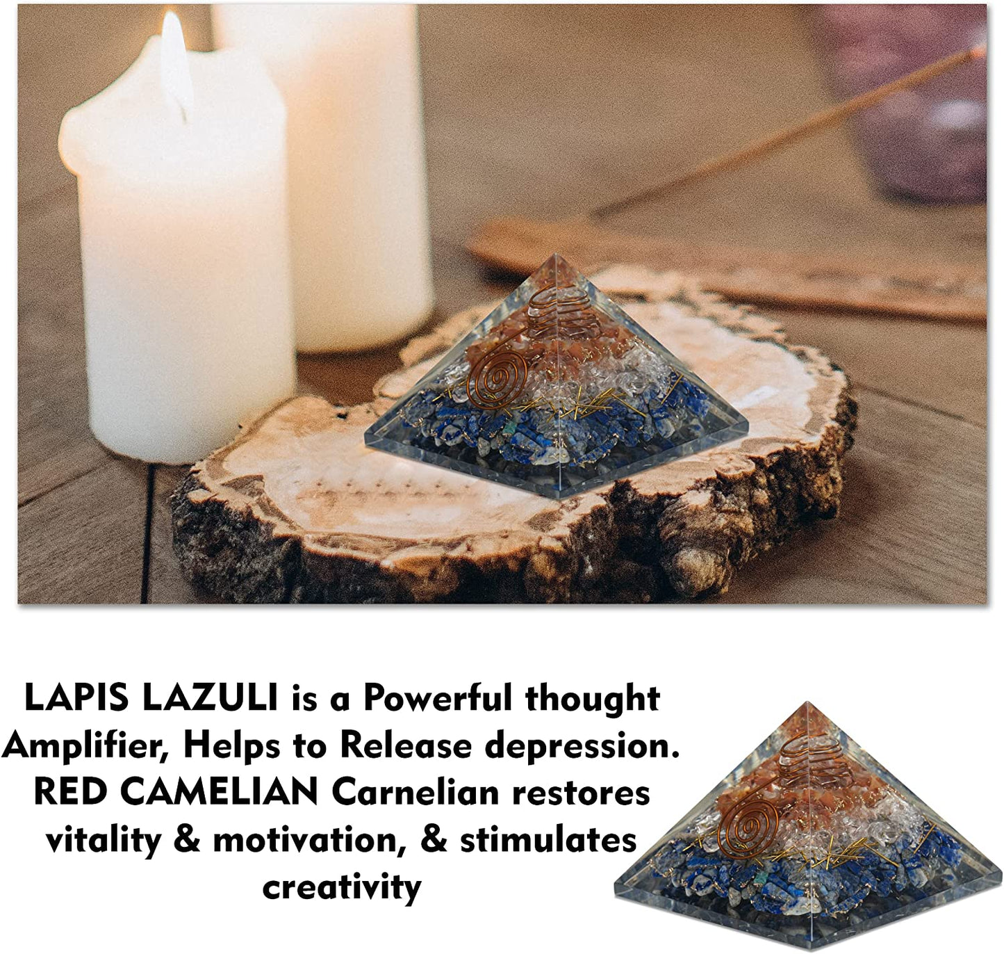 Carnelian Selenite Lapis Orgonite Pyramid With Clear Quartz Crystal And Copper Coil