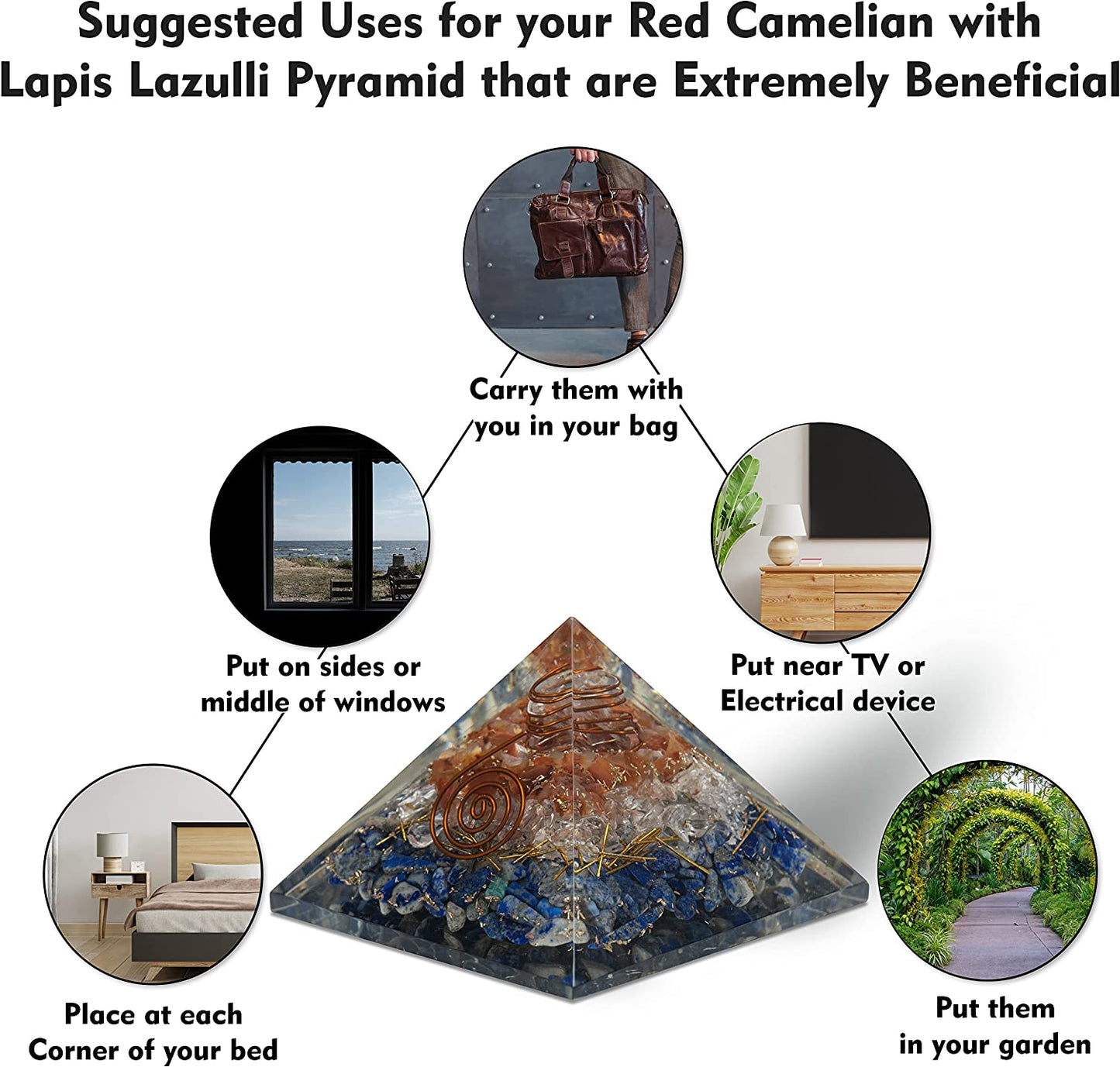 Carnelian Selenite Lapis Orgonite Pyramid With Clear Quartz Crystal And Copper Coil