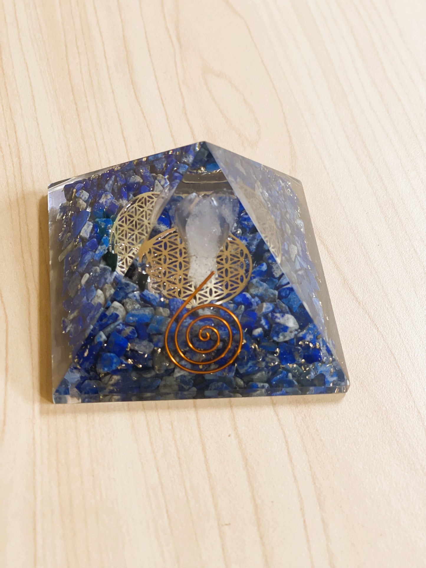 Lapis Orgonite Pyramid With Clear Quartz Crystal And Copper Coil
