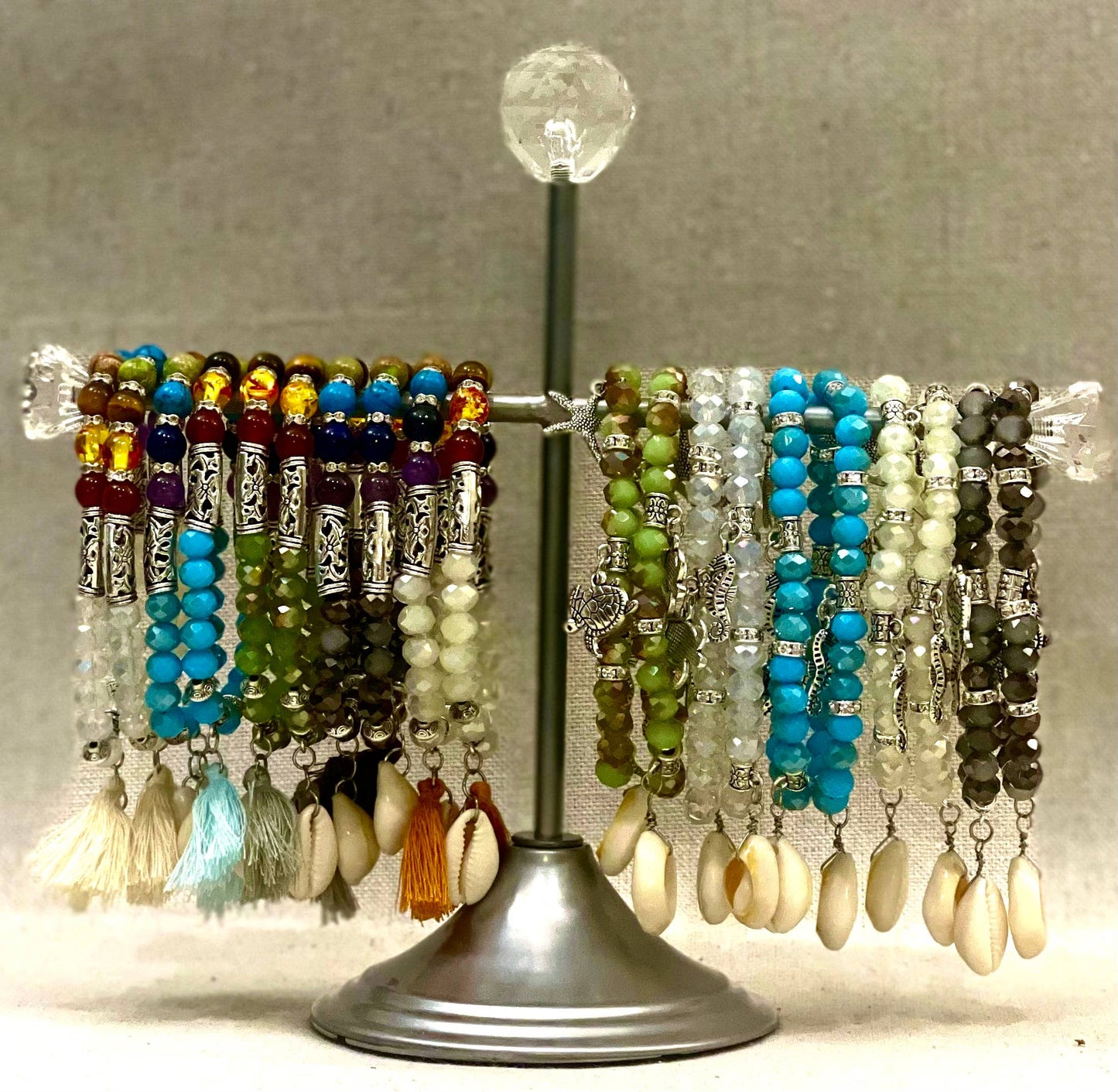 Cowrie Shell Glass Bead & Chakra Glass Stretch Bracelets