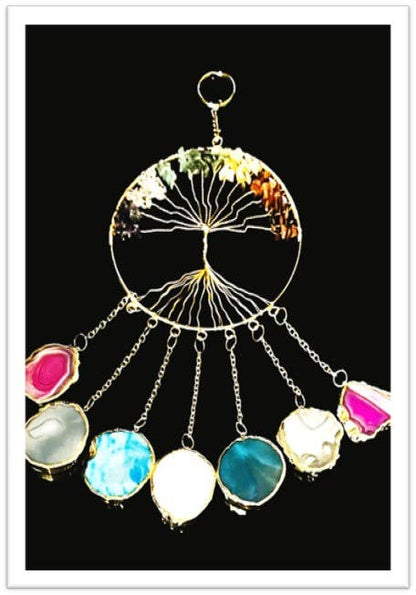 Chakra Tree of Life Agate Slices Golden Hanging