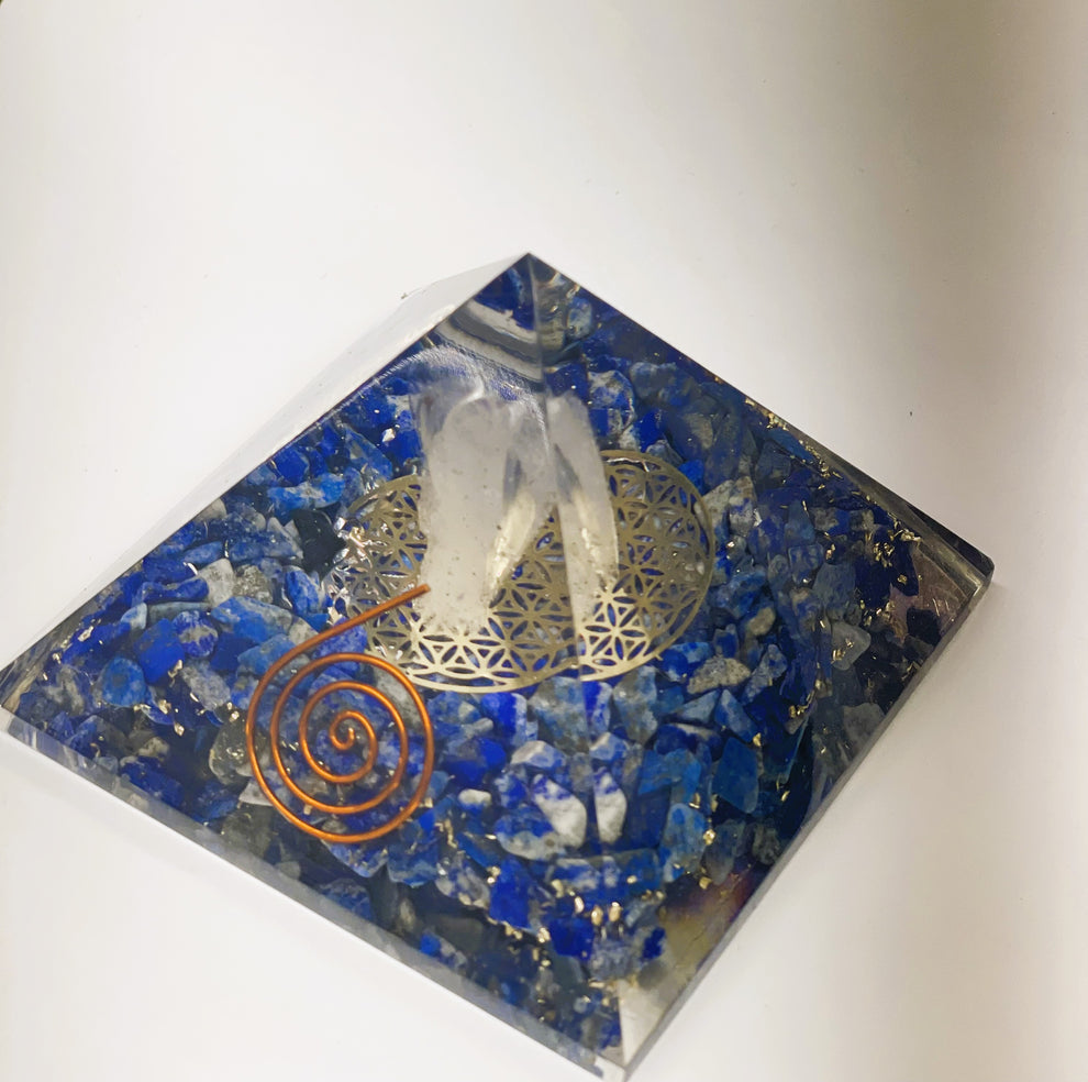 Lapis Orgonite Pyramid With Clear Quartz Crystal And Copper Coil