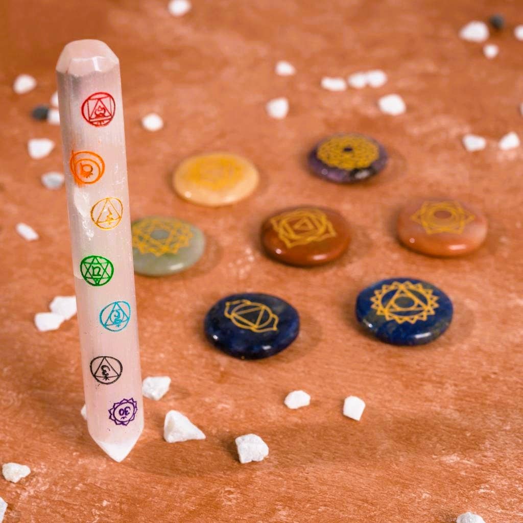 Chakra Tree of Life Hand Carved Box with Selenite Wand