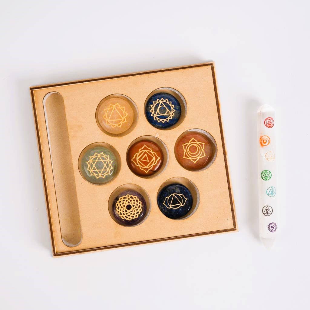 Chakra Tree of Life Hand Carved Box with Selenite Wand