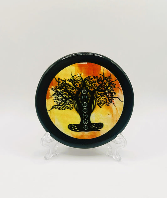 Yoga Chakra Tree - Black Obdiain Coaster