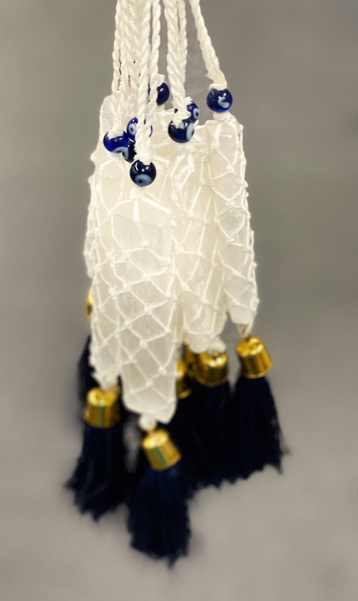 Selenite White Thread Evil Eye Sun Catcher Blue Tassel