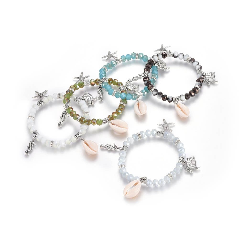Cowrie Shell Glass Bead & Chakra Glass Stretch Bracelets