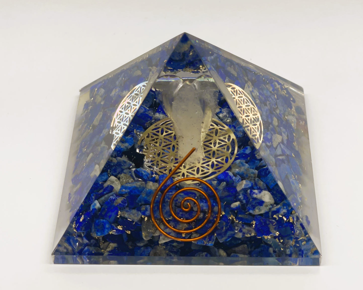 Lapis Orgonite Pyramid With Clear Quartz Crystal And Copper Coil