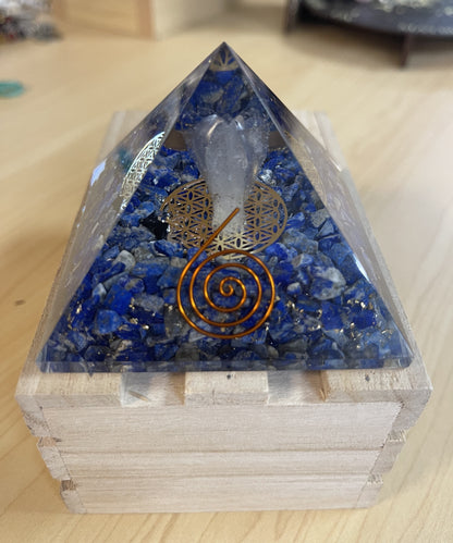 Lapis Orgonite Pyramid With Clear Quartz Crystal And Copper Coil